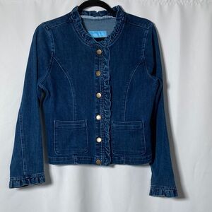 Draper James Ruffle Trim Denim Jacket Dark Wash Mock Neck Transition Spring Sz M